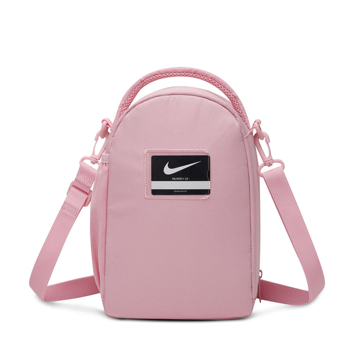 Pink lunch tote backpack back panel with Nike logo patch and dual side straps