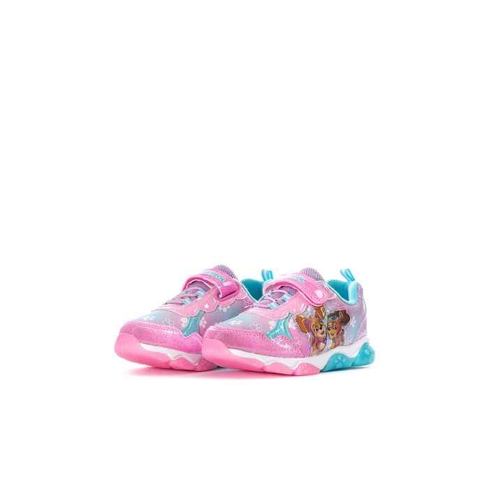 Lighted toddler sneakers, pink glitter upper with Paw Patrol character emblem