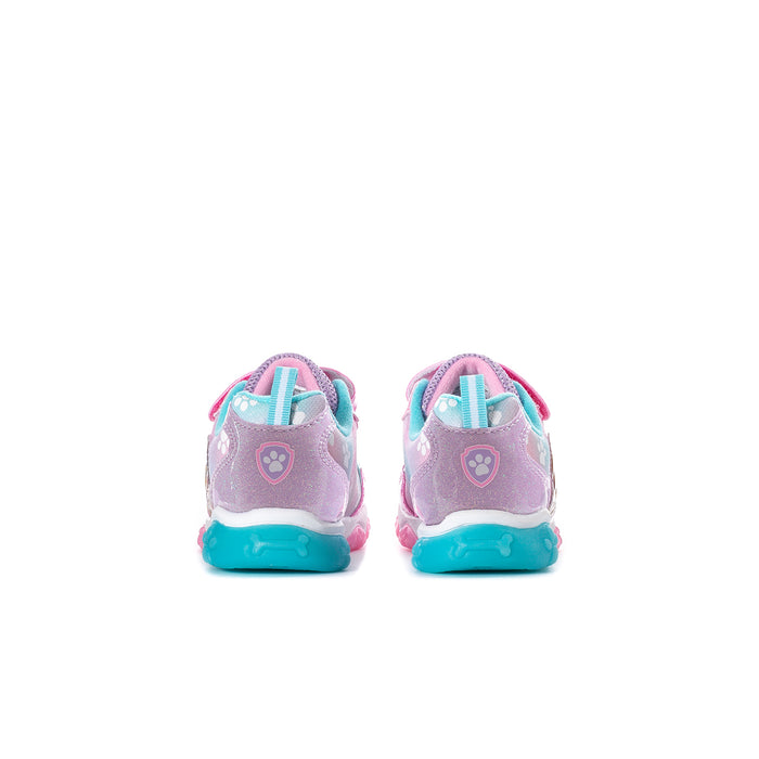 Lighted toddler sneakers back view, pink upper with paw badge and light sole