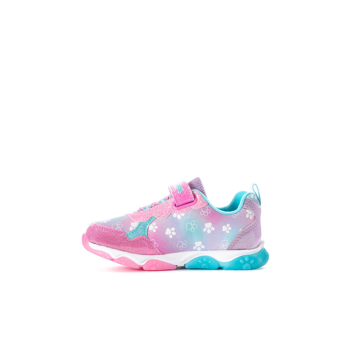Lighted toddler sneakers side view, pink glitter fabric with paw-print overlays