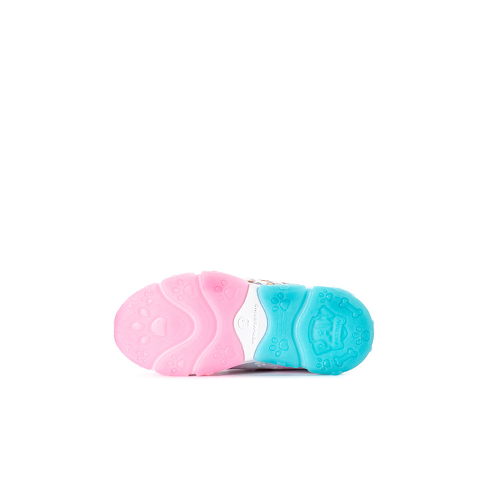 Light-up toddler sneaker outsole and heel tread, pink and blue underside