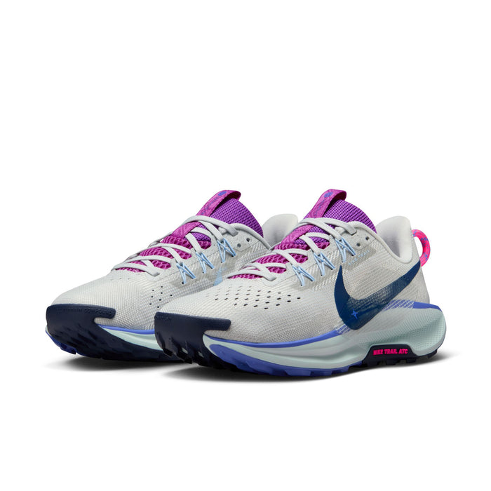 Women's trail running shoe, light gray upper with purple-pink laces and blue accents