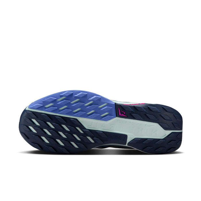 Women's trail shoe outsole, blue and dark tread with patterned grip