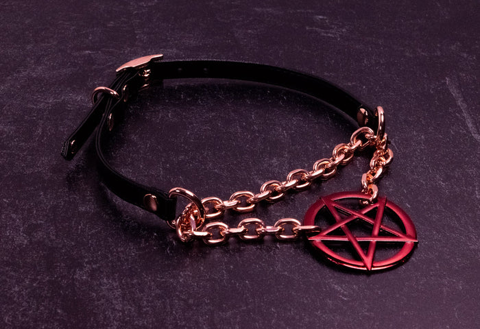 Pentacle  Ring Black Vegan Leather Martingale Collar