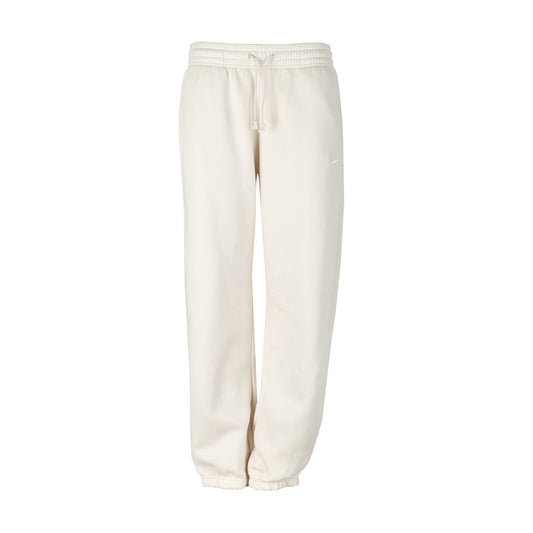Women’s off-white sweatpants, front view: elastic drawstring waist, side pockets, cuffed hem