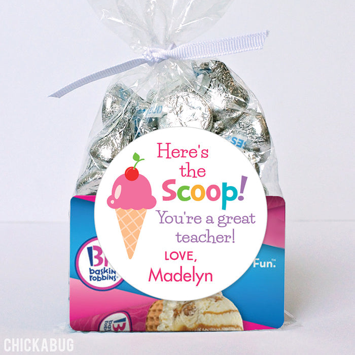 Pink "Here's the Scoop" Teacher Appreciation Stickers