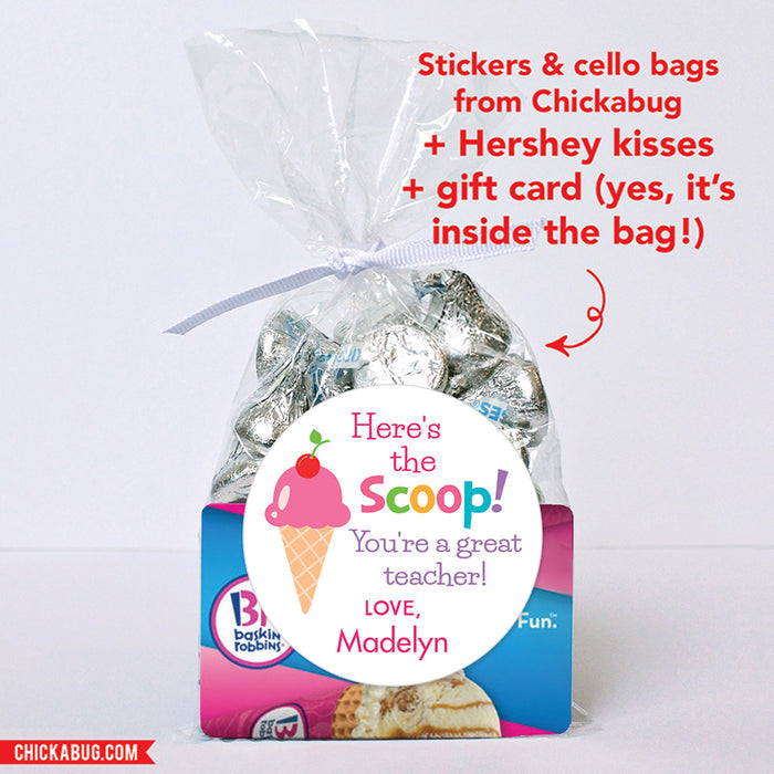 Pink "Here's the Scoop" Teacher Appreciation Stickers