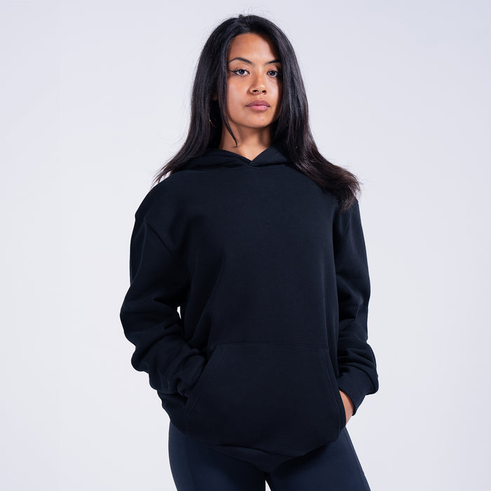 Women's black fleece pullover hoodie, front view with hood and kangaroo pocket