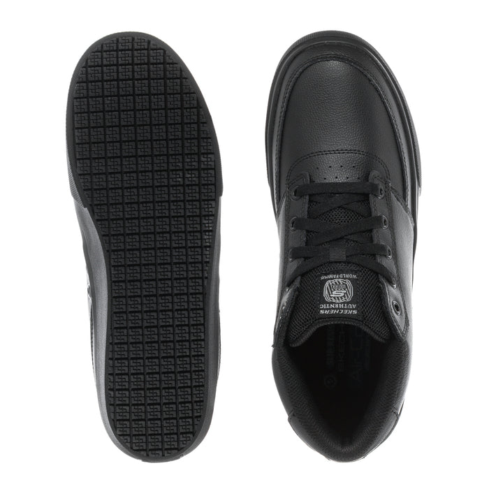 Men's Poppy SR black sneaker outsole tread and lace-up upper view, showing inner footbed