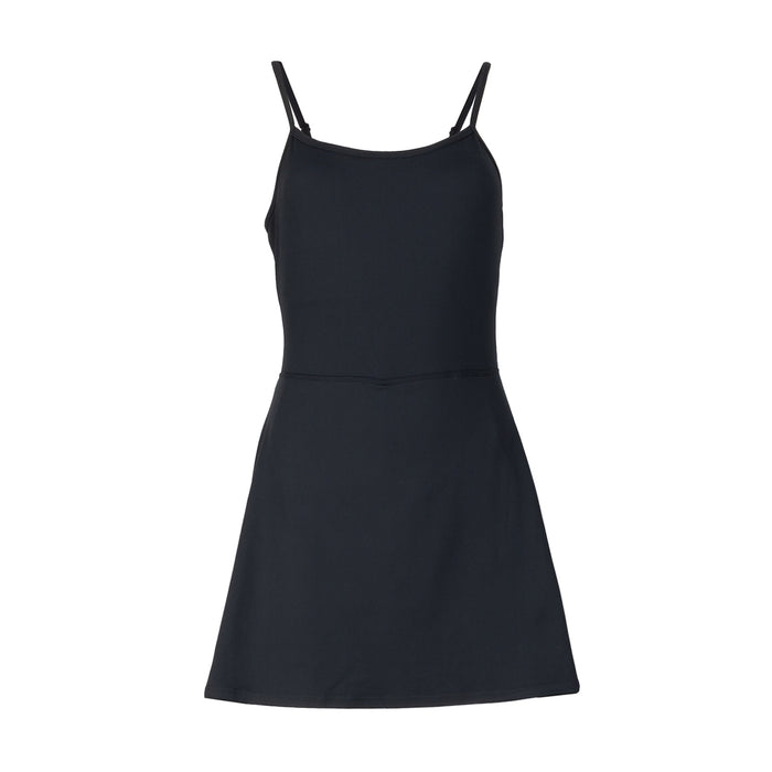 Black A-line dress with spaghetti straps and scoop neckline