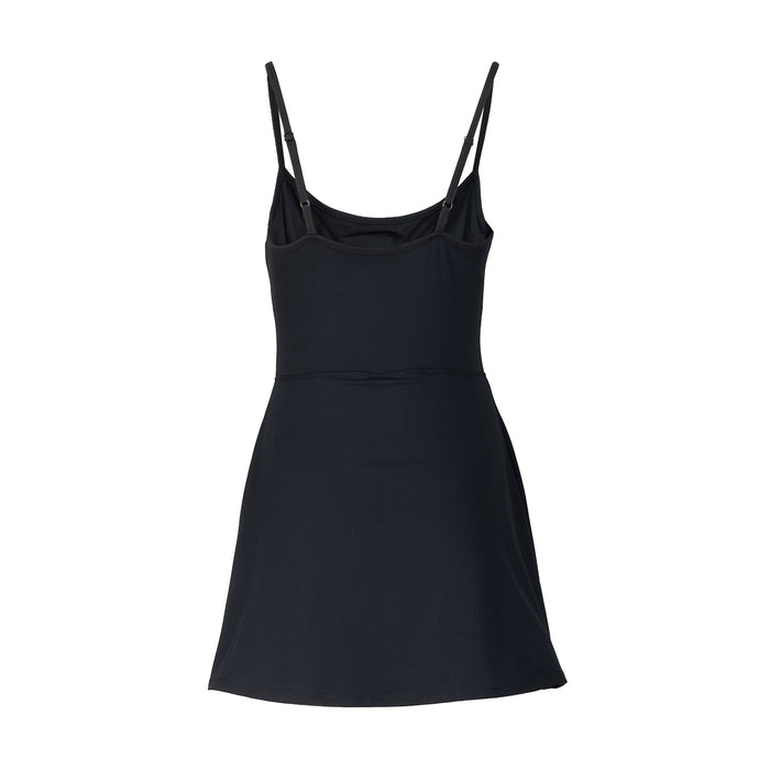 Black A-line dress with spaghetti straps and scoop neck, fitted waist seam
