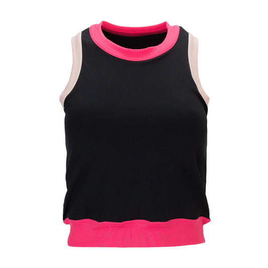 Women’s sport tank top, black with pink trim and hem, colorblock side panels
