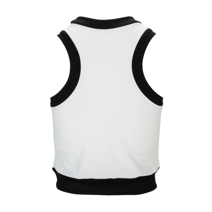 White sleeveless sport tank top with black ribbed crew neck and hem