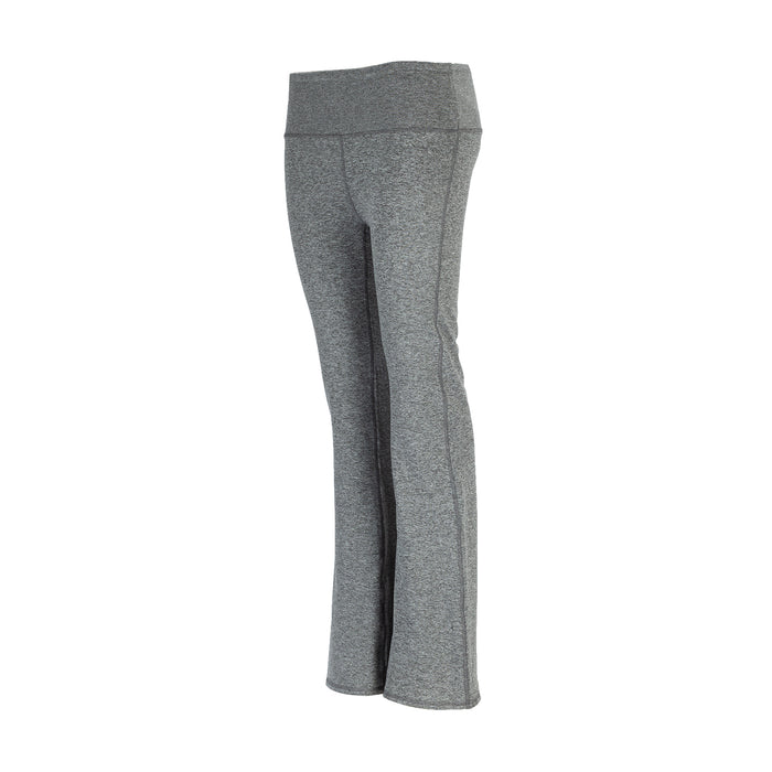 Women’s charcoal heather flare leggings, side view, wide waistband