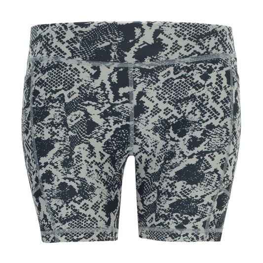Women's pocket bike shorts in wild dove snake print, mid-thigh length.