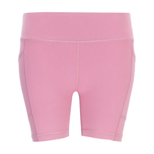 Women’s rose pink bike shorts with wide waistband and stitched front seams