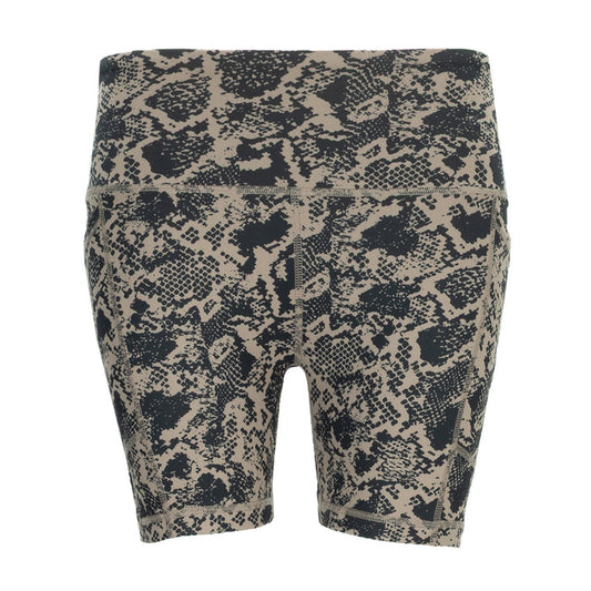 Women’s snake-print bike shorts, black and taupe, mid-thigh length