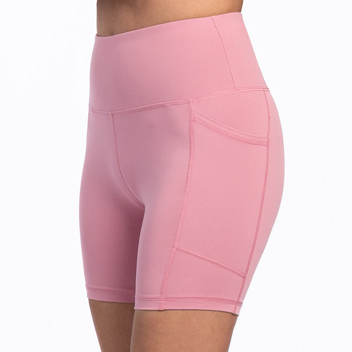 Women’s rose pink bike shorts with front pocket opening and contrast stitching