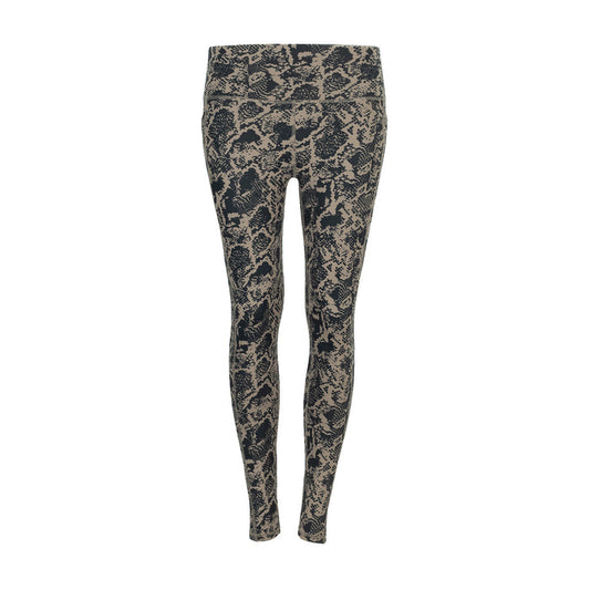 Women's snakeskin-print pocket legging in black and taupe, full front view.