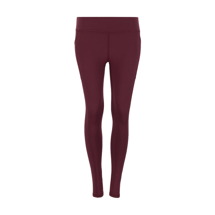Women's maroon pocket leggings with wide waistband, front view