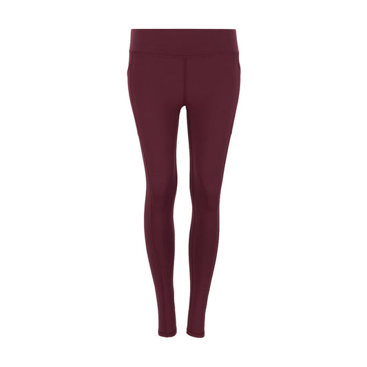 Women's maroon pocket leggings with wide waistband, front view