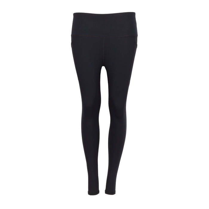 Women's black leggings, front view with smooth waistband and tapered leg