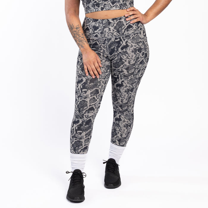 High-waist snake print leggings, close fit, dark gray and black allover