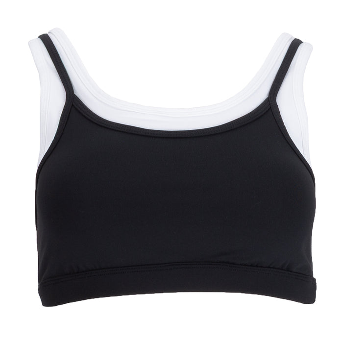 Women's black sports bra with layered scoop neckline and contrast white trim