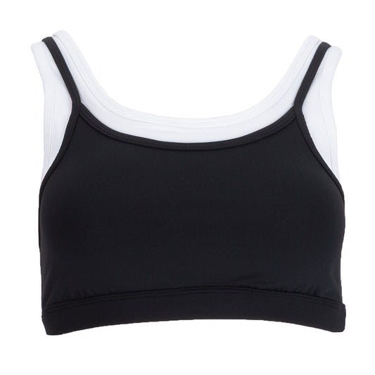 Women's black sports bra with layered scoop neckline and contrast white trim