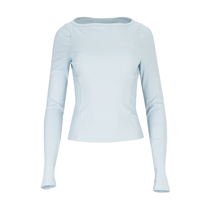Women's long-sleeve crewneck top in light blue, slim fit, front view.