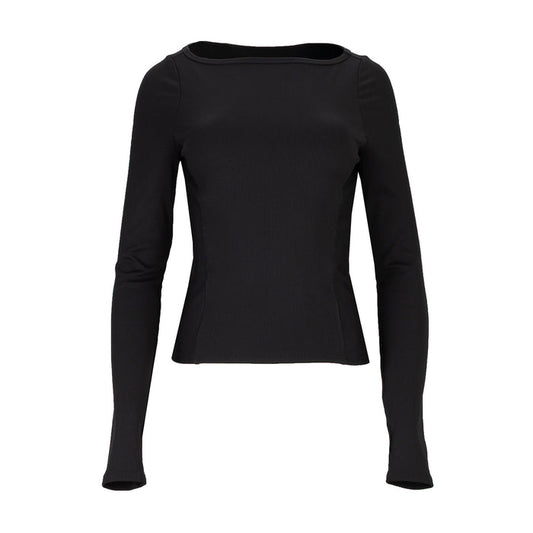 Black long-sleeve ribbed women’s top with crew neckline