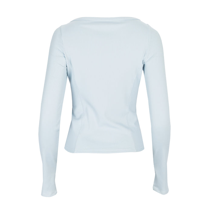 Women's long-sleeve crewneck top in light blue, slim fit, back view.