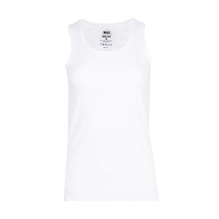 Women's white ribbed tank top, scoop neck sleeveless