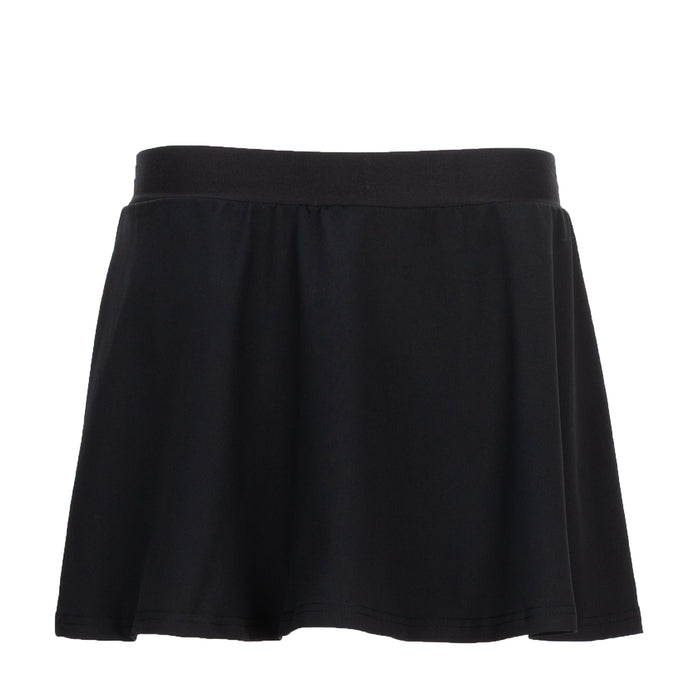 Black women's power skirt with wide elastic waistband and flared A-line hem