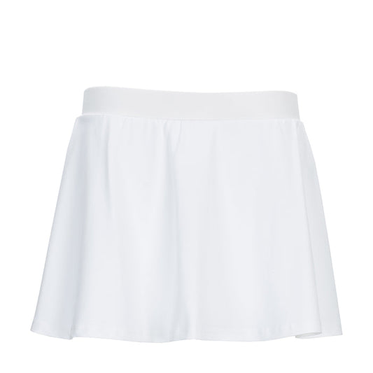 White women's power skirt with elastic waistband and gathered A-line silhouette