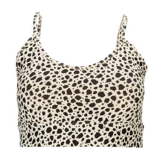 Power sports bra for women in animal dot print, wide scoop neckline with thin straps