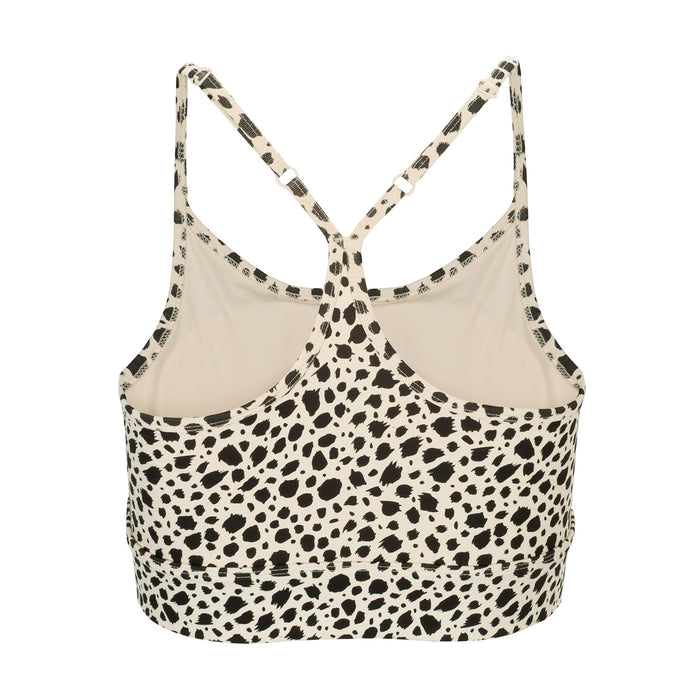Power sports bra for women in animal dot print, open V-back and crisscross straps