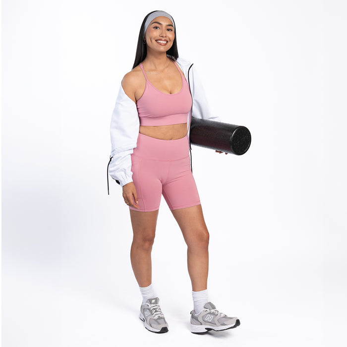 Rose pink sports bra with scoop neckline and wide underband