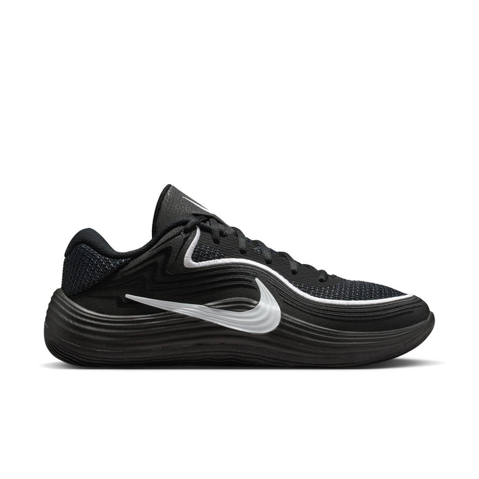 Men's black low-top sneakers with white Nike swoosh and lace-up front