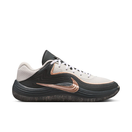 Men's low-top running shoes, white mesh with black sole and rose-gold swoosh