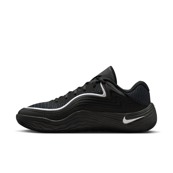Men's black low-top sneakers, angled side view with white swoosh logo