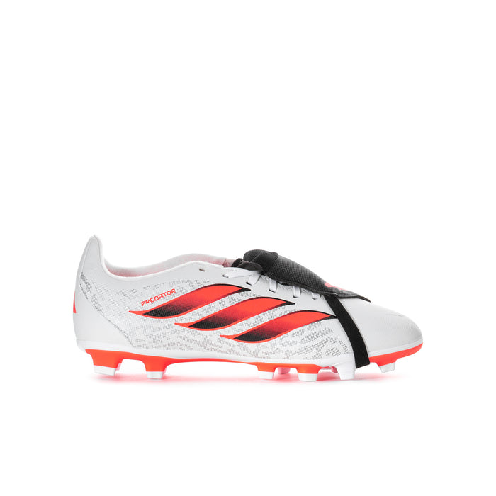 Youth soccer cleat, white with red graphic stripes, black laces, orange stud outsole