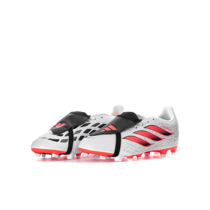 Youth soccer cleat side view: white upper with red stripes, black strap, orange studs