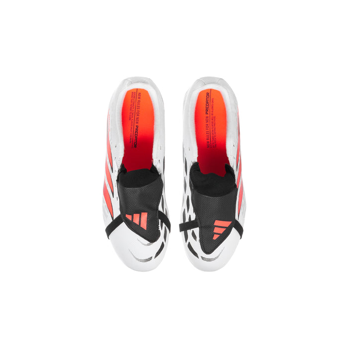 Youth soccer cleat, back view: white heel with black strap and red branding