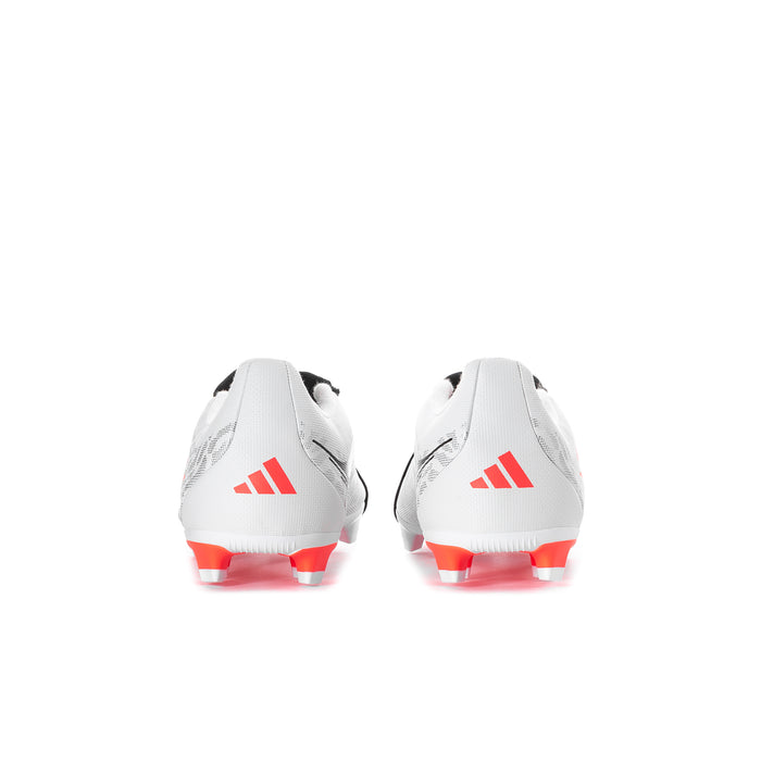 Youth soccer cleat, rear angle: white pair with red logo accents and orange outsole