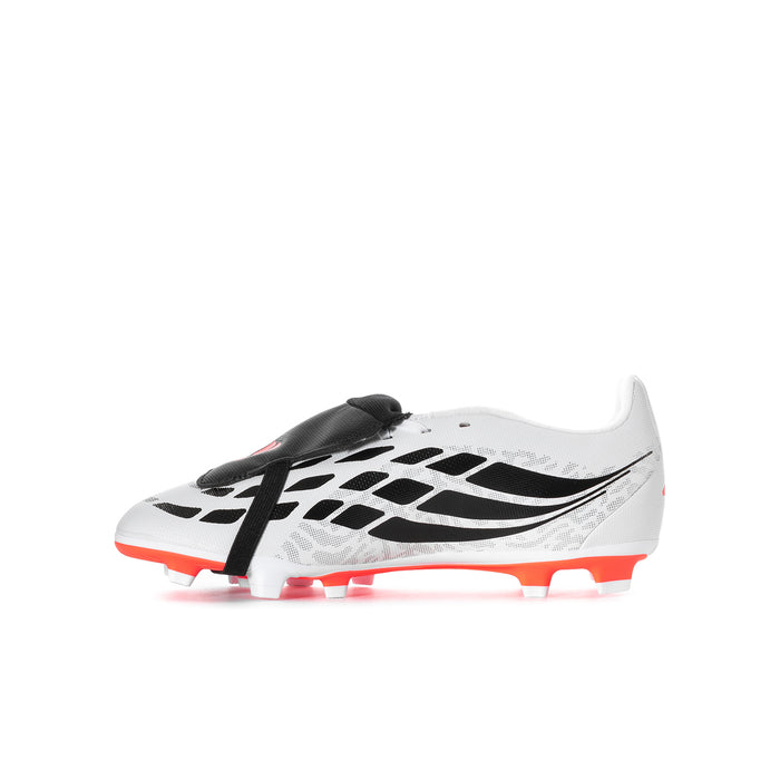 Youth soccer cleat, alternate side: white upper with black strap and red detailing