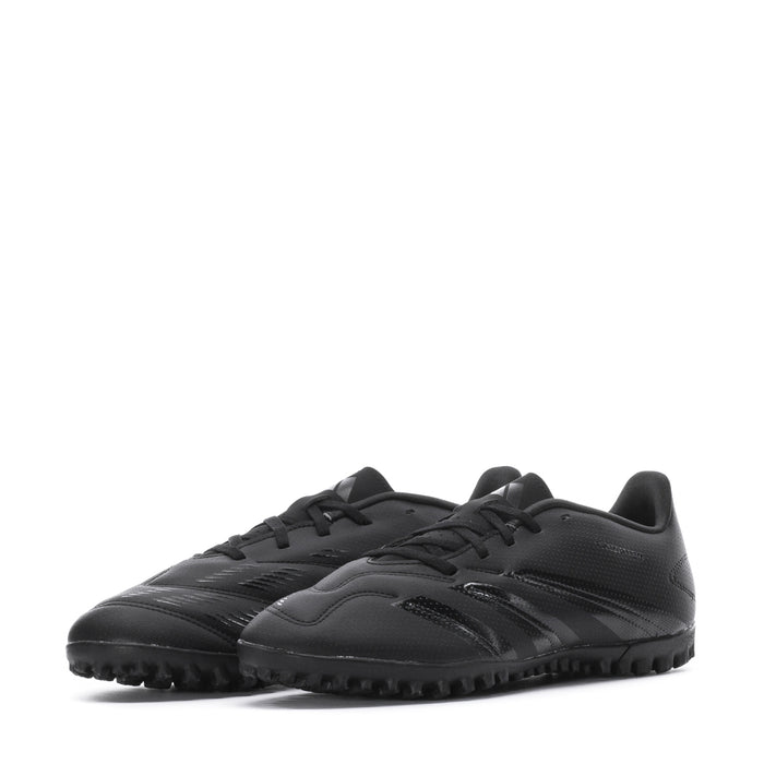 Men's black soccer cleats in profile with lace-up closure and studded rubber outsole