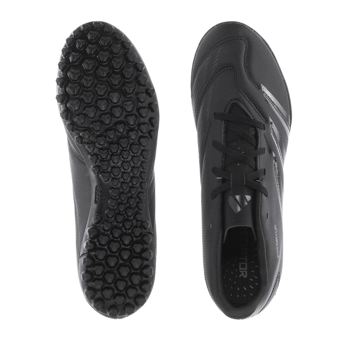 Pair of black cleat soles with hex-pattern tread and molded forefoot studs