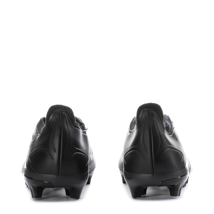 Black men’s FG soccer cleats rear view with molded heel and cleat studs