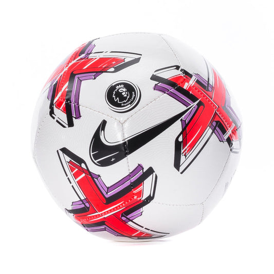 White mini soccer ball with red and purple geometric graphics and Premier League logo